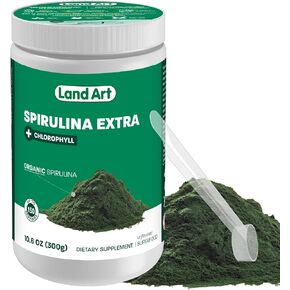 Land Art Certified Organic Fresh Spirulina Extra Powder 300g - Improved with Bioavailable Chlorophyll Added - Unflavoured - Clean Source - 3rd Party Tested - Measurement Spoon Inside