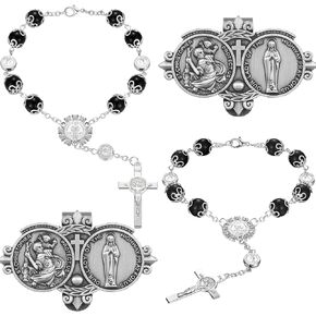4 Pcs Car Rosary Saint Benedict Silver Rosary Rearview Mirror Hang Auto Rosary with Car St Christopher Visor Medal Car Cross Religious Accessory Bless Safety Gift for Parent Friend Truck Bike Driver