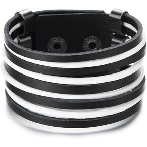 COOLSTEELANDBEYOND Wide Leather Bracelet Black, Mens Womens Multi-Strand Leather Wristband with Snap Button, Minimalist