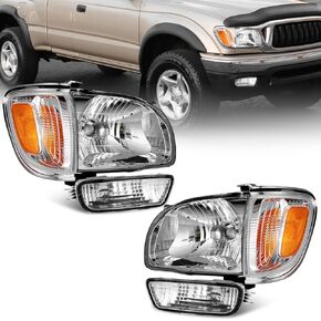 For 2001-2004 Toyota Tacoma Headlights Assembly For 01 02 03 04 Toyota Tacoma Headlight Replacement+Corner Parking Signal Lights+Bumper Light Black Housing Amber Reflector Left and Right Side
