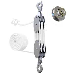 Upgraded Rope Pulley Hoist 4400 LB, 8:1 Lifting Power Pulley Block and Tackle System, Pulley Block 2200LB Loading Capacity, 3/8 × 65ft Heavy Duty Rope Hoist for Hunting Garage Warehouse