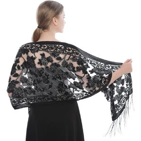 Yeieeo Women's Floral Lace Scarf Shawl with Tassels Soft Mesh Fringe Shawls and Wraps for Wedding Evening Party Dresses