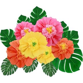 Large Tissue Paper Flowers Faux Palm Leaves Set, 24'' /12'' Colorful Giant Paper Flowers and Tropical Jungle Leaves for Wedding Backdrop Archway Mexican Fiesta Birthday Party Decorations(40 Pack)