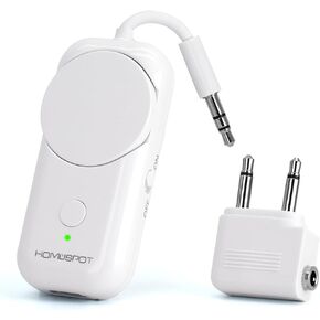 HomeSpot Bluetooth 5.3 Airplane Adapter, Rotary Volume, aptX Low Latency & Adaptive, 25 Hrs, Use with Any 3.5mm Jack on Airplanes, TVs, Car, Gym, Ideal for AirPods, Headphones and More, White