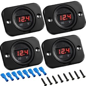 Frienda 4 Pieces Dc 12v 24v LED Digital Car Voltmeter Vehicle Voltage Gauge Waterproof Voltmeter Panel and Mounting Plate with Terminals for Boat Vehicle Motorcycle Truck ATV Utv