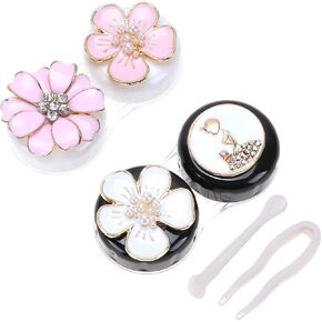 ARTIBETTER 2 Pairs Contact Lens Box Kit Rhinestone Floral Pattern Lens Travel Case Container Holder Portable Storage Box