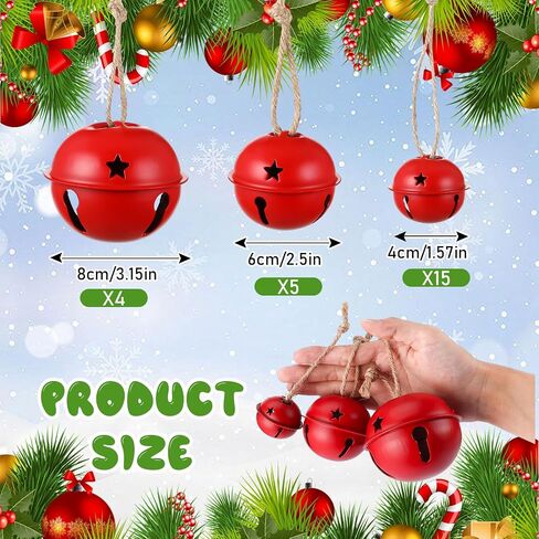 Zubebe 24 Pcs Christmas Bells Ornaments Christmas Metal Sleigh Bells with 3 Sizes 1.57" 2.5" 3.15" Christmas Tree Decor for Gift Wrapping Holiday Decoration Crafting (Red) in Saudi Arabia