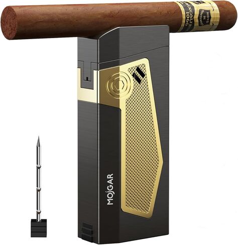 Cigar Torch Lighter 4 Jet Flame Torch Lighter, Butane Refill Cigar Lighters with Cigar Punch, Holder, Cigar Draw Enhancer, Windproof Torch Lighters for Cigars Gift Box Cigars Lighters for Men, Gold in Kuwait