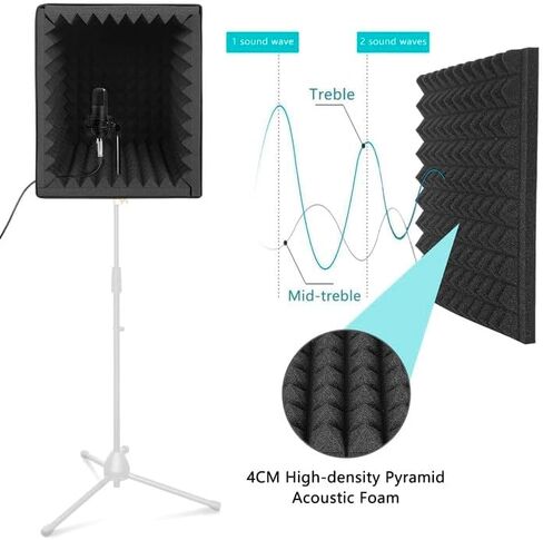 صندوق درع تسجيل الصوت المحمول، صندوق كشك عزل الميكروفون مع رغوة ممتصة للصوت، قابل للطي، قابل للتركيب على الحامل، مناسب للاستوديو والمدونة والاستخدام الصوتي الكبير in Kuwait