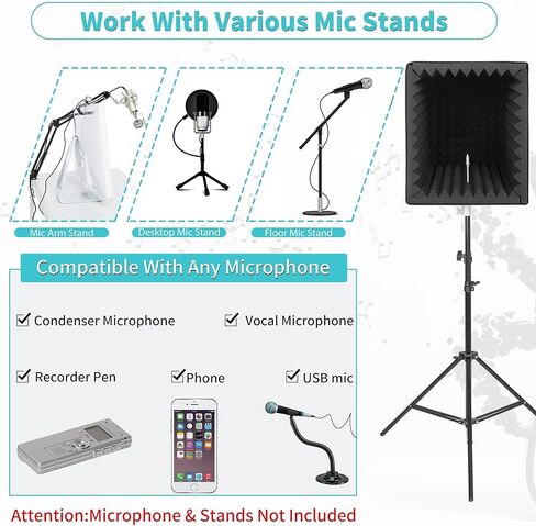 صندوق درع تسجيل الصوت المحمول، صندوق كشك عزل الميكروفون مع رغوة ممتصة للصوت، قابل للطي، قابل للتركيب على الحامل، مناسب للاستوديو والمدونة والاستخدام الصوتي الكبير in Kuwait