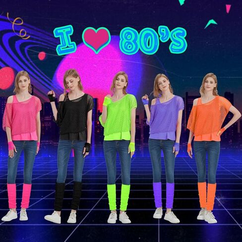 WILDPARTY المرأة عارضة مثير 80S أزياء شبكة صيد السمك النيون قبالة الكتف تي شيرت in Saudi Arabia