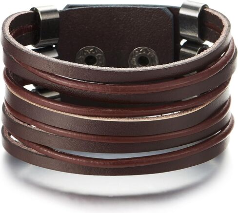 COOLSTEELANDBEYOND Wide Leather Bracelet Black, Mens Womens Multi-Strand Leather Wristband with Snap Button, Minimalist in Saudi Arabia