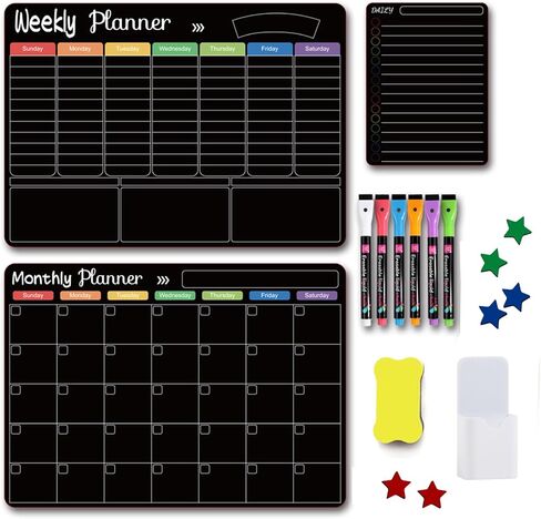 Magnetic Calendar for Fridge, 3 Pcs Dry Erase Board of Monthly & Weekly Refrigerator Reusable Planner Board, Includes 6 Markers, Magnetic Pen Holder, Eraser and Fridge Stickers in Kuwait