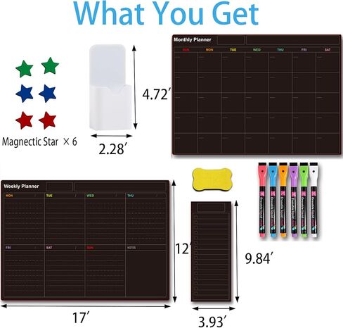 Magnetic Calendar for Fridge, 3 Pcs Dry Erase Board of Monthly & Weekly Refrigerator Reusable Planner Board, Includes 6 Markers, Magnetic Pen Holder, Eraser and Fridge Stickers in Kuwait