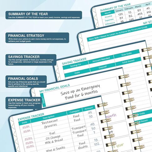 مخطط الميزانية - كتاب الميزانية، دفتر تعقب النفقات غير المؤرخ لمدة 12 شهرًا، 6.1 بوصة × 8.3 بوصة، المنظم المالي/دفتر الحساب/منظم الفواتير، ملصقات، جيب وإغلاق مرن، يدير أموالك in Saudi Arabia