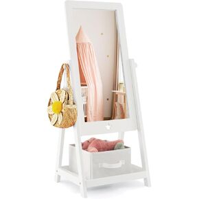 Kids Full Length Mirror, Freestanding Wooden Mirror with Bottom Shelf, Storage Box, Side Hook, 360 Degree Rotatable Rectangular Floor Mirror Gift for Little Girls, Bedroom, Living Room, White