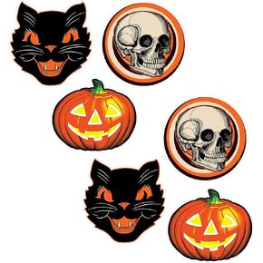 Beistle Set of 6 Plastic Vintage Halloween Cutouts, 10"-12", Jack-O-Lantern, Cat, and Skull Designs
