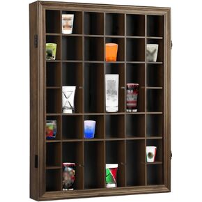 Shot Glass Display Case, 34 Shot Glass Holder Display Case for Wall, Shot Glass Rack Organizer Display Cabinet Lockable with 98% UV Protection Acrylic Door and Removable Shelf, Walnut