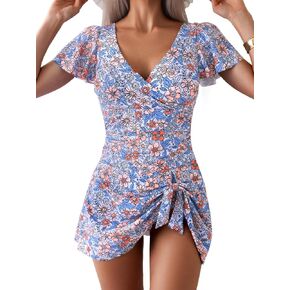 Women's One Piece Swimdress Swimsuits for Women Tummy Control Swim Dresses Skirt Ruffled Bathing Suit