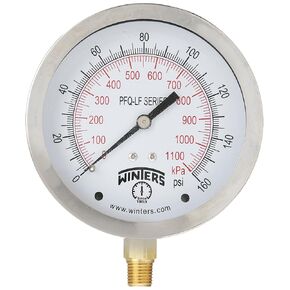 Winters 4" Dial Size, Liquid Filled Pressure Gauge, Potable Brass Internals, 304 Stainless Steel Case, Dual Scale 0-160 psi/kPa, 1.5% Acc, 1/4" NPT Bottom Mount, Drinking Water Pressure Gauge