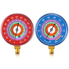Refrigeration Pressure Gauge Kit R-134a, R-404a, R-2092, R-410a R-134a 0-800psi 1/8" Npt Lower Mount 30inhg-0-250psi, 250-500psi & 0-800psi Degree F Blue Dial & Red Dial (80mm(3-1/8" Dial))