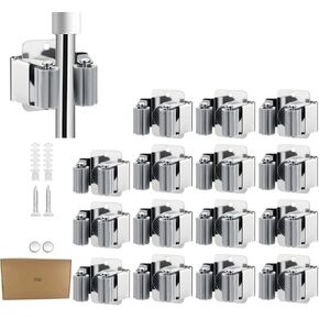 Broom Holder Wall Mounted 15 Pack Mop Clamp Clip Hanger Stainless Steel Organizer Gripper Mount Utility Rack with Installation Screws Self Adhesive for Shovel Handle Garden Tool Sliver