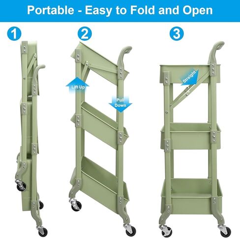 johgee Foldable 3 Tier Metal Utility Rolling Cart, Folding Mobile Multi-Function Storage Trolley Organizer Cart for Home Library Office(Black) in Kuwait