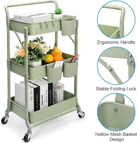 johgee Foldable 3 Tier Metal Utility Rolling Cart, Folding Mobile Multi-Function Storage Trolley Organizer Cart for Home Library Office(Black) in Kuwait