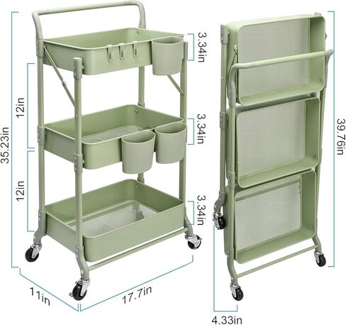 johgee Foldable 3 Tier Metal Utility Rolling Cart, Folding Mobile Multi-Function Storage Trolley Organizer Cart for Home Library Office(Black) in Kuwait