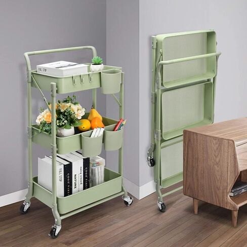 johgee Foldable 3 Tier Metal Utility Rolling Cart, Folding Mobile Multi-Function Storage Trolley Organizer Cart for Home Library Office(Black) in Kuwait