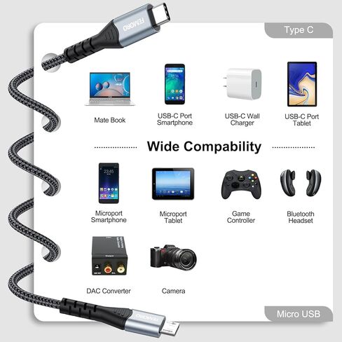 كابل FEMORO USB C إلى Micro USB بطول 3 أقدام و5 حزم، محول كابل USB-C من النوع C إلى Micro USB OTG 480 ميجابت في الثانية لنقل البيانات والشحن متوافق مع MacBook Pro وGalaxy S22 S21 S10 in Kuwait