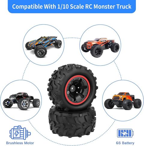 4PCS AllinRC Pre-Glued 1/10 RC Monster Truck Tires & 12mm Hex Wheels for Brushless Traxxas Stampede Rustler VXL Redcat Blackout Volcano Arrma Tekno HSP HPI Savage XS All-Terrain Tires (Type A) in Saudi Arabia