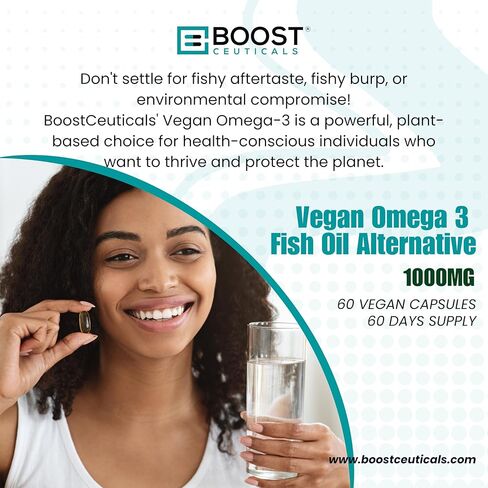 BoostCeuticals Plant Based Algae Omega 1000mg Omega Fish Oil Replacement - Vegan Omega 3 DHA - Omega 3 Fish Oil Alternative - Brain Health (60) in Kuwait