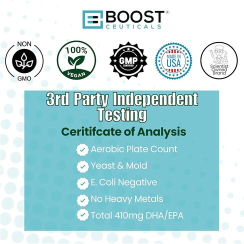 BoostCeuticals Plant Based Algae Omega 1000mg Omega Fish Oil Replacement - Vegan Omega 3 DHA - Omega 3 Fish Oil Alternative - Brain Health (60) in Kuwait