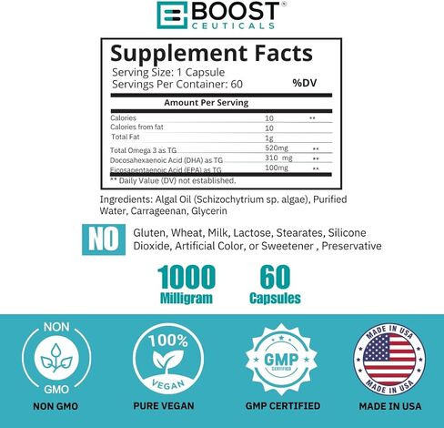BoostCeuticals Plant Based Algae Omega 1000mg Omega Fish Oil Replacement - Vegan Omega 3 DHA - Omega 3 Fish Oil Alternative - Brain Health (60) in Kuwait