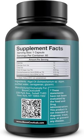 BoostCeuticals Plant Based Algae Omega 1000mg Omega Fish Oil Replacement - Vegan Omega 3 DHA - Omega 3 Fish Oil Alternative - Brain Health (60) in Kuwait