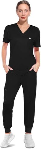 Scrubs for Women Set, V-Neck Scrub Top & Joggers Pants Sets, Slim Quick-dry Anti Wrinkle Yoga Waistband in Saudi Arabia