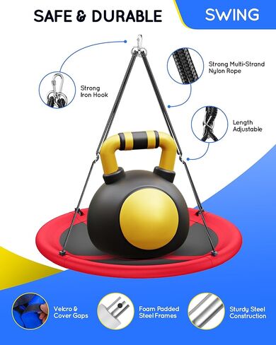 أرجوحة شجرة الصحن مقاس 43 بوصة للأطفال البالغين، أرجوحة صحن طائر مقاومة للماء مع أشرطة تعليق قابلة للتعديل، مقاعد متأرجحة للفناء الخلفي وملعب داخلي خارجي، أزرق in Kuwait