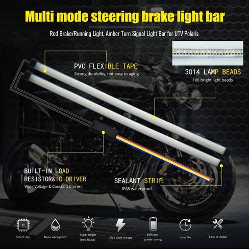 شريط إضاءة LED عالمي للدراجات النارية مقاس 11.8 بوصة، 3 في 1 ضوء فرامل DRLs أبيض وضوء إشارة الانعطاف كهرماني 108 شريط مرن للدراجات النارية والسيارات والمركبات ATV. (أبيض + كهرماني) in Kuwait
