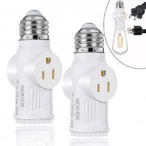 Light Socket to Plug Adapter,2/3 Prong Convert Light Socket Outlet,Light Socket Adapter Splitter Converter for Garage Porch,Light Bulb Plug Adapter,2 Pack(White)