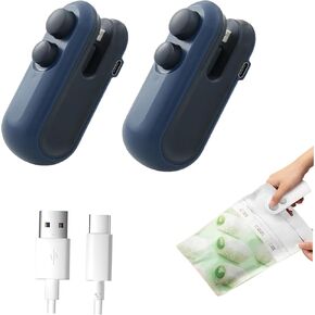 Mini Bag Sealer 2 Pack Bag Sealer with Cutter and Magnet 2 in 1 Mini Bag Resealer Machine Portable Handheld Rechargeable Heat Vacuum Food Sealer for Plastic Bags Snacks & Food Storage (2, blue)