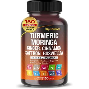 Moringa Turmeric Ginger Boswellia Quercetin Cinnamon Saffron Tart Cherry Odorless Garlic Nettle -150 Capsules- Made in USA