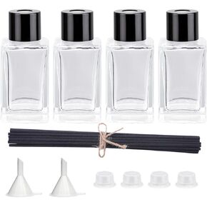 4PCS Empty Glass Fragrance Reed Diffuser Bottles, Refillable Diffuser Bottles with 20pcs Reeds Sticks & Black Caps & Funnel, Diffuser Jars for Home Oil Fragrance Decoration (100ML)