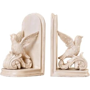 2PCS Vintage White Resin Decorative Bookends with Bird White Bird Bookends for Kids Rooms Decorative Book Ends for Heavy Books (White)
