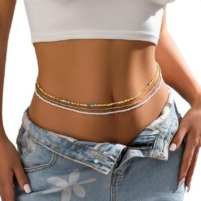 3Pcs Multilayer Boho Coloful Beads Waist Chain Jewelry Elastic Beaded Belly Chain Necklace Summer Beach Bikini Sexy Seed Bead Body Chain Bracelets Festival Body Accessories for Women