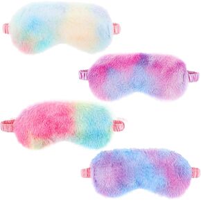 4 Pieces Plush Eye Mask Soft Fluffy Furry Eye Cover Comfortable Rainbow Color Sleeping Blindfold with Elastic Strap Faux Fur Eye Shade for Women Kids Teens Girls Travel Nap Party