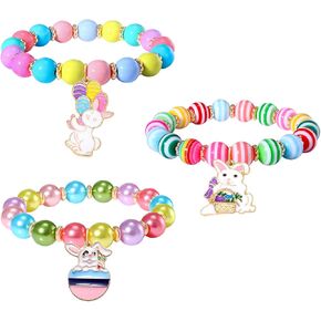 HEIDKRUEGER Beaded Bracelets Easter Charm Bracelet Set Rhinestone Colorful Bunny Egg Letter Beads Stretch Bracelets for Women Teen Girls Personalized Happy Easter Jewelry Gift