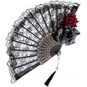 mdgfge Halloween Black Hand Fan Lace Rose Handheld Foldable Lace Fan Vintage Flower Style Hand Held Spanish Large Folding Fans for Women Girls Halloween Cosplay Party Wedding Dancing Props Decoration