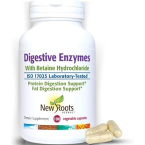 NEW ROOTS HERBAL Digestive Enzymes with Betaine Hydrochloride (100 caps)| Break Down Fat, Complex Carbohydrates, and Proteins | Digestive aid.
