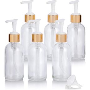 JUVITUS 4 oz Clear Boston Round Thick Plated Glass Bottle with Gold Lotion Pump (6 Pack) + Funnel